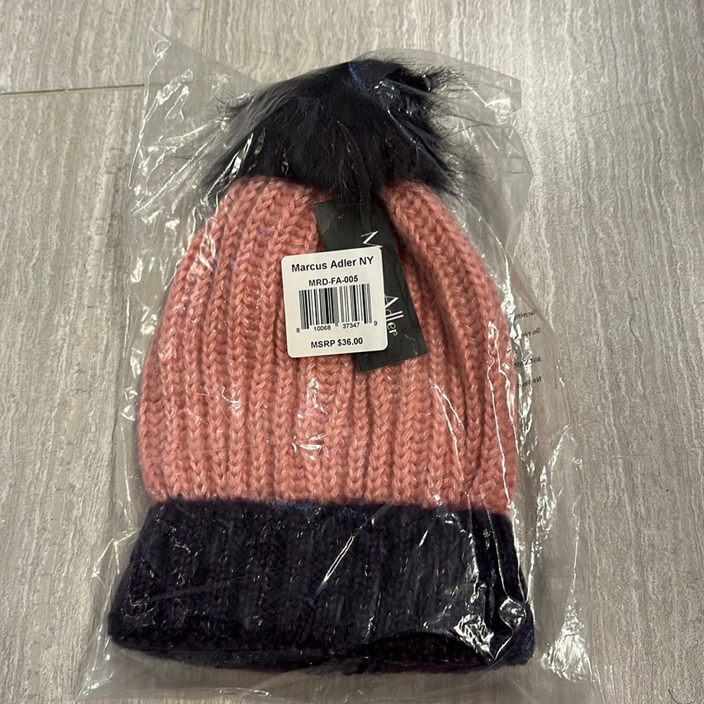 Marcus Adler New York Hat Pink Black Womens Pom Pom